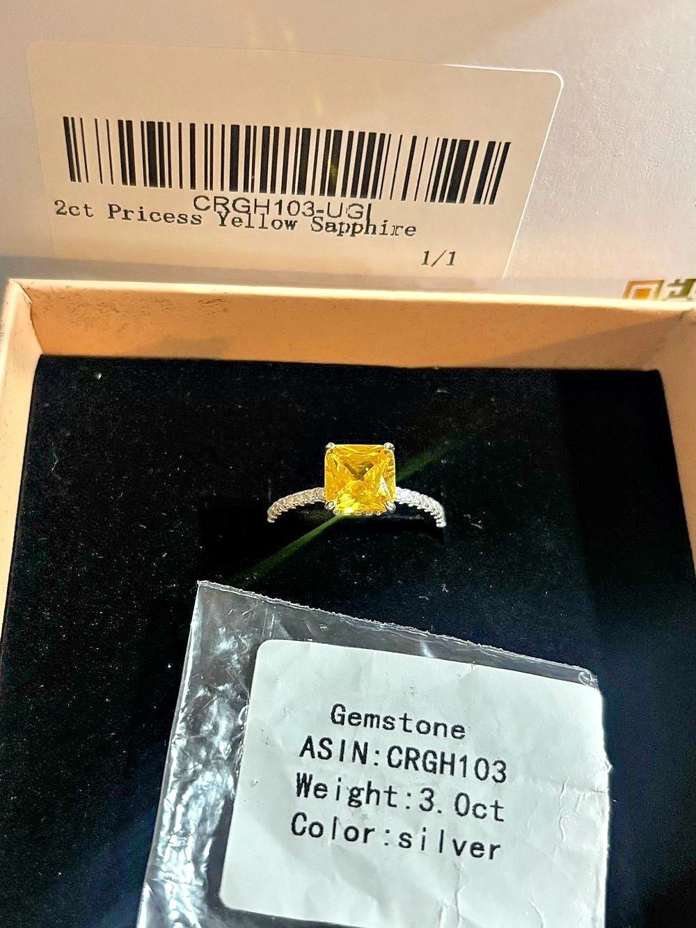 UGI Yellow/Citrine Princess Cut Sapphire Ring in Silver 3ct Size 8 NWT